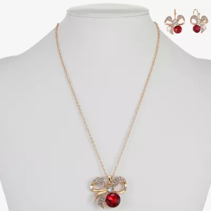 Monet Jewelry Gold Tone Pendant Necklace & Drop Earring Womens Red Glass Bow 2-pc. Jewelry Set
