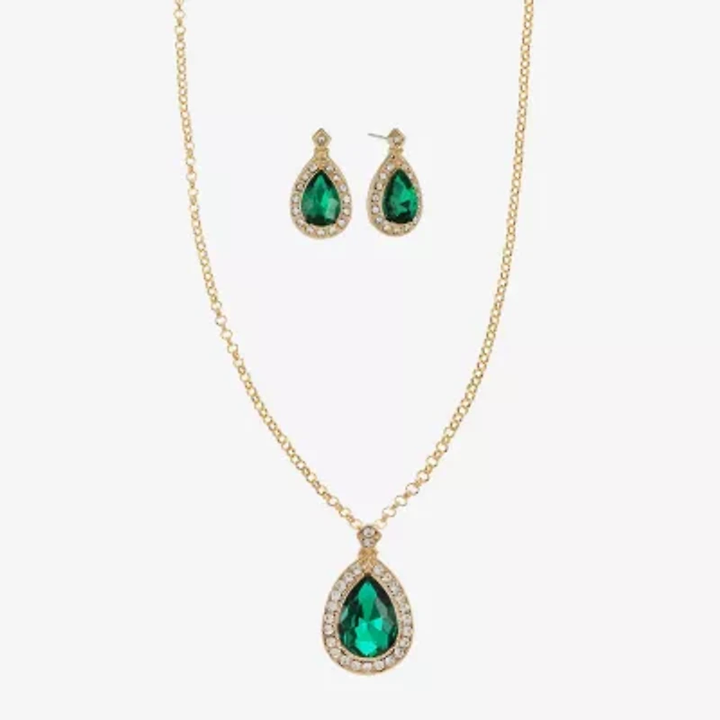Monet Jewelry Gold Tone Pendant Necklace & Stud Earring Womens Green Glass 2-pc. Jewelry Set