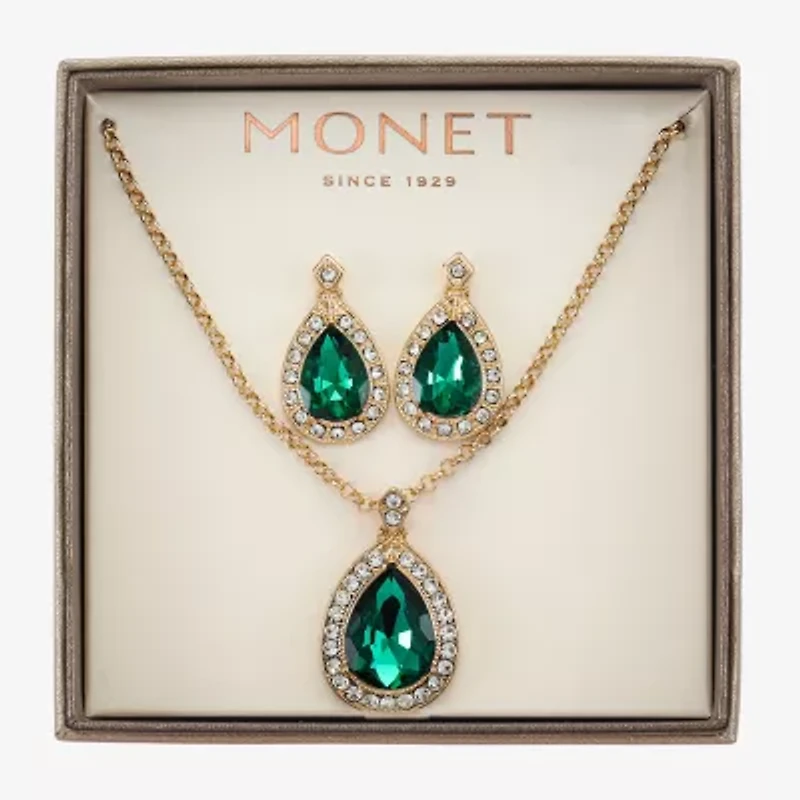 Monet Jewelry Gold Tone Pendant Necklace & Stud Earring Womens Green Glass 2-pc. Jewelry Set