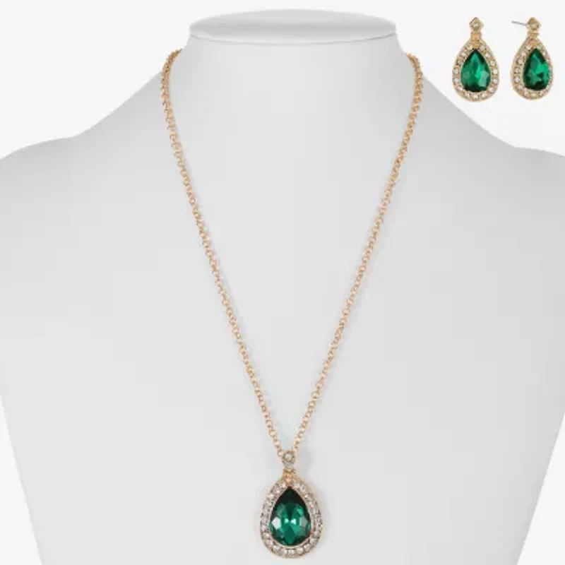 Monet Jewelry Gold Tone Pendant Necklace & Stud Earring Womens Green Glass 2-pc. Jewelry Set