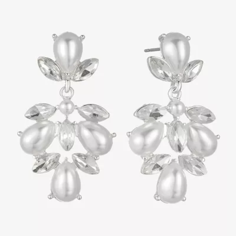 Monet Jewelry Timeless Silver Tone Shaky Womens Glass Simulated Pearl Marquise Hypoallergenic Chandelier Earrings