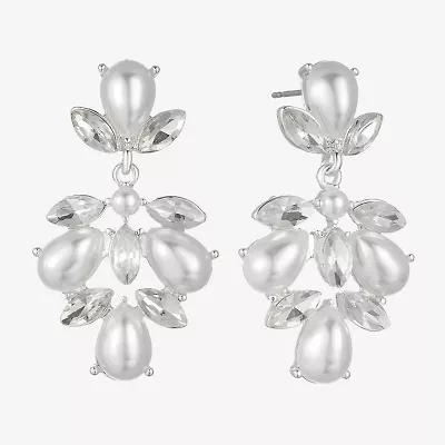 Monet Jewelry Timeless Silver Tone Shaky Womens Glass Simulated Pearl Marquise Hypoallergenic Chandelier Earrings