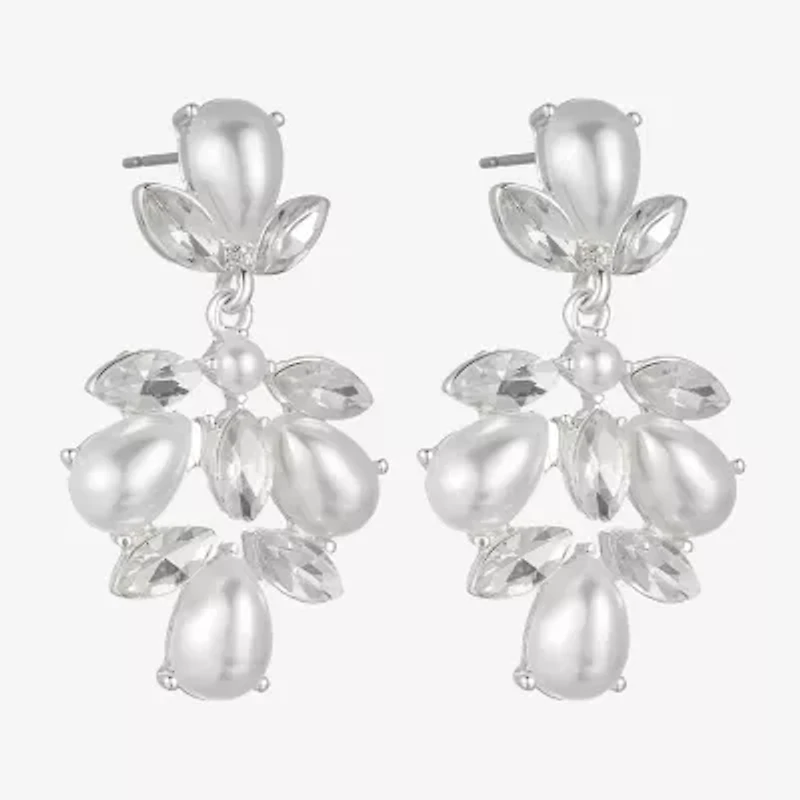 Monet Jewelry Timeless Silver Tone Shaky Womens Glass Simulated Pearl Marquise Hypoallergenic Chandelier Earrings