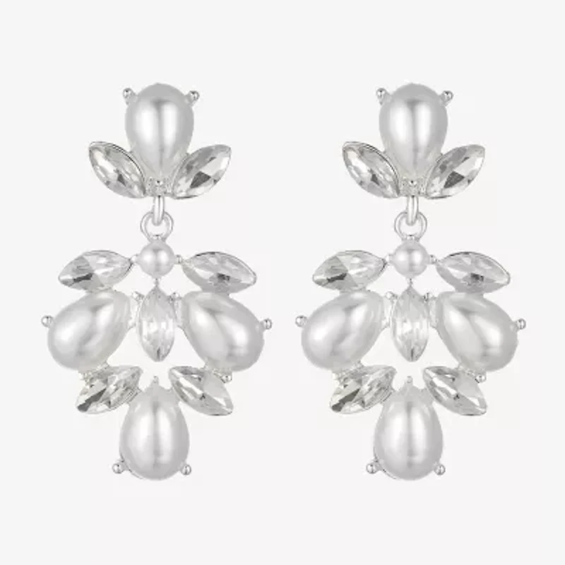 Monet Jewelry Timeless Silver Tone Shaky Womens Glass Simulated Pearl Marquise Hypoallergenic Chandelier Earrings