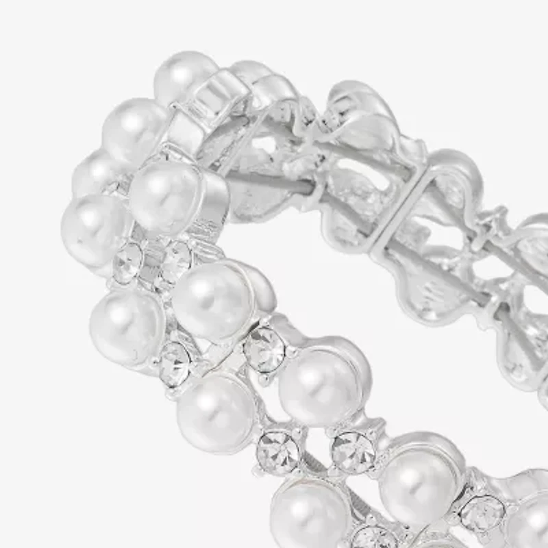 Monet Jewelry Timeless Silver Tone Womens Glass Simulated Pearl Round Stretch Bracelet