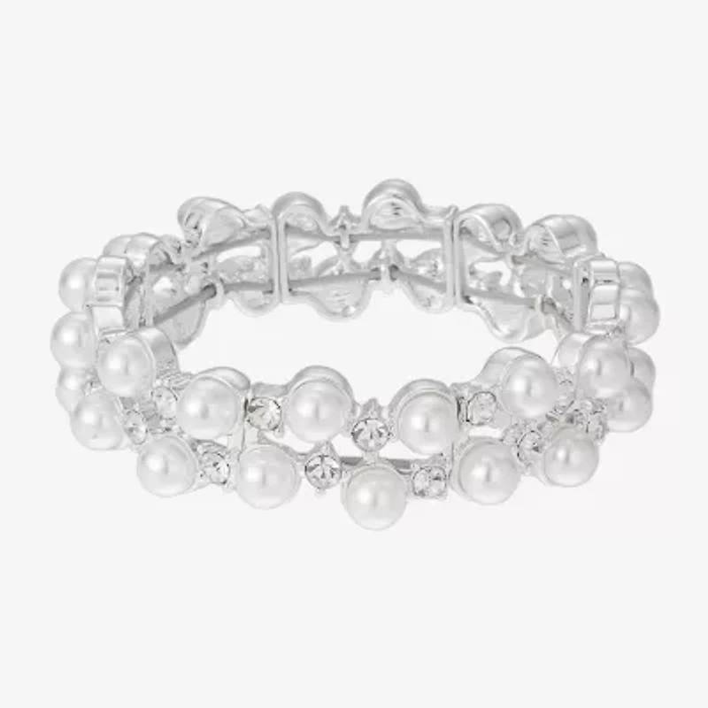 Monet Jewelry Timeless Silver Tone Womens Glass Simulated Pearl Round Stretch Bracelet