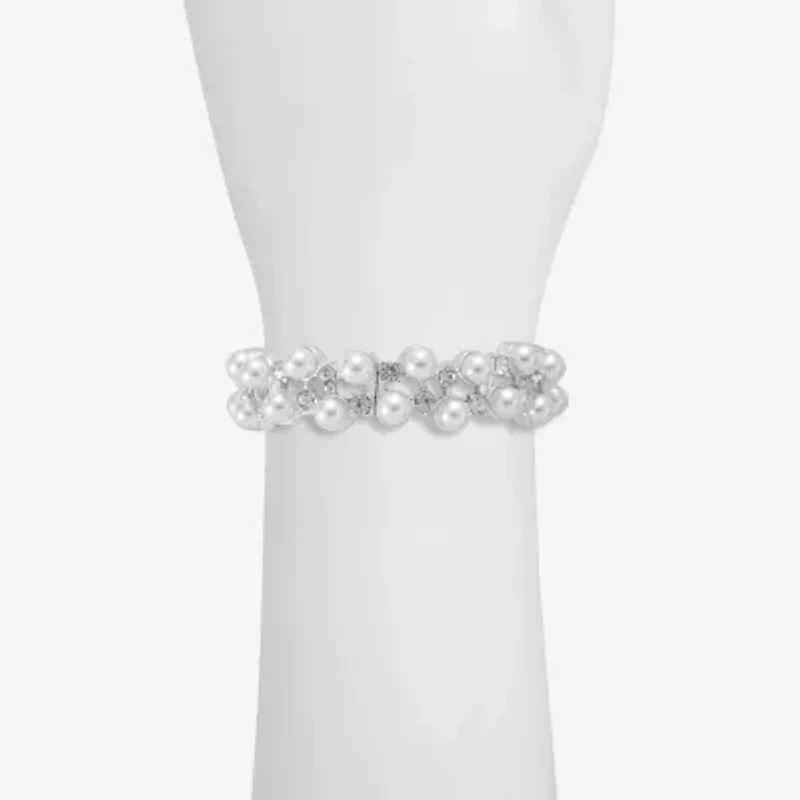 Monet Jewelry Timeless Silver Tone Womens Glass Simulated Pearl Round Stretch Bracelet