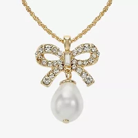 Monet Jewelry Gold Tone Womens Glass Simulated Pearl Bow 17 Inch Pendant Necklace