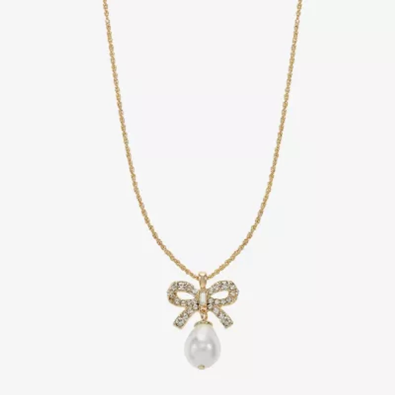 Monet Jewelry Gold Tone Womens Glass Simulated Pearl Bow 17 Inch Pendant Necklace