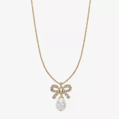 Monet Jewelry Gold Tone Womens Glass Simulated Pearl Bow 17 Inch Pendant Necklace