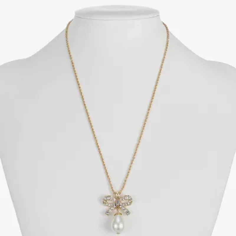 Monet Jewelry Gold Tone Womens Glass Simulated Pearl Bow 17 Inch Pendant Necklace