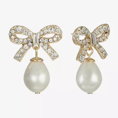 Monet Jewelry Gold Tone Womens Glass Simulated Pearl Bow Hypoallergenic Drop Earrings