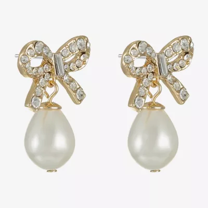 Monet Jewelry Gold Tone Womens Glass Simulated Pearl Bow Hypoallergenic Drop Earrings