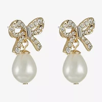 Monet Jewelry Gold Tone Womens Glass Simulated Pearl Bow Hypoallergenic Drop Earrings