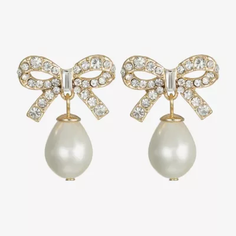 Monet Jewelry Gold Tone Womens Glass Simulated Pearl Bow Hypoallergenic Drop Earrings