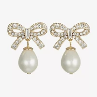 Monet Jewelry Gold Tone Womens Glass Simulated Pearl Bow Hypoallergenic Drop Earrings