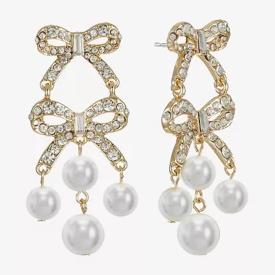 Monet Jewelry Gold Tone Womens Glass Simulated Pearl Bow Hypoallergenic Chandelier Earrings