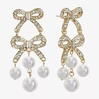 Monet Jewelry Gold Tone Womens Glass Simulated Pearl Bow Hypoallergenic Chandelier Earrings