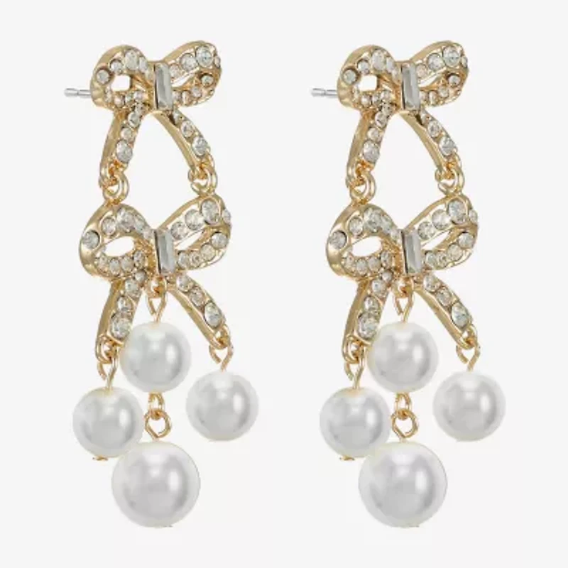Monet Jewelry Gold Tone Womens Glass Simulated Pearl Bow Hypoallergenic Chandelier Earrings