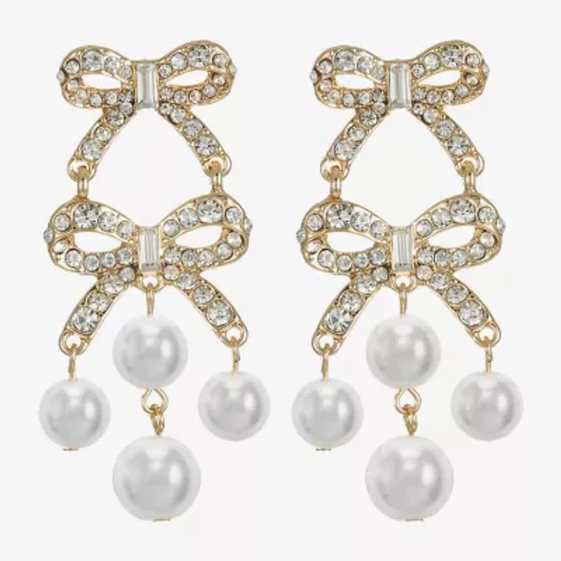 Monet Jewelry Gold Tone Womens Glass Simulated Pearl Bow Hypoallergenic Chandelier Earrings
