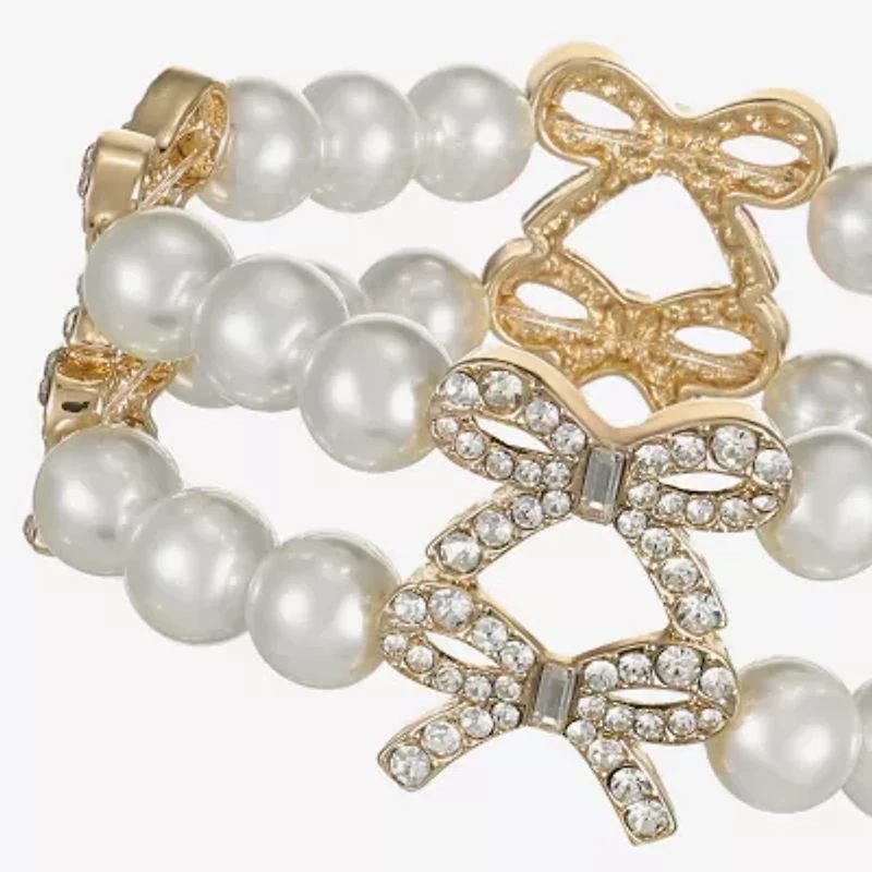 Monet Jewelry Gold Tone Womens Glass Simulated Pearl Bow Stretch Bracelet