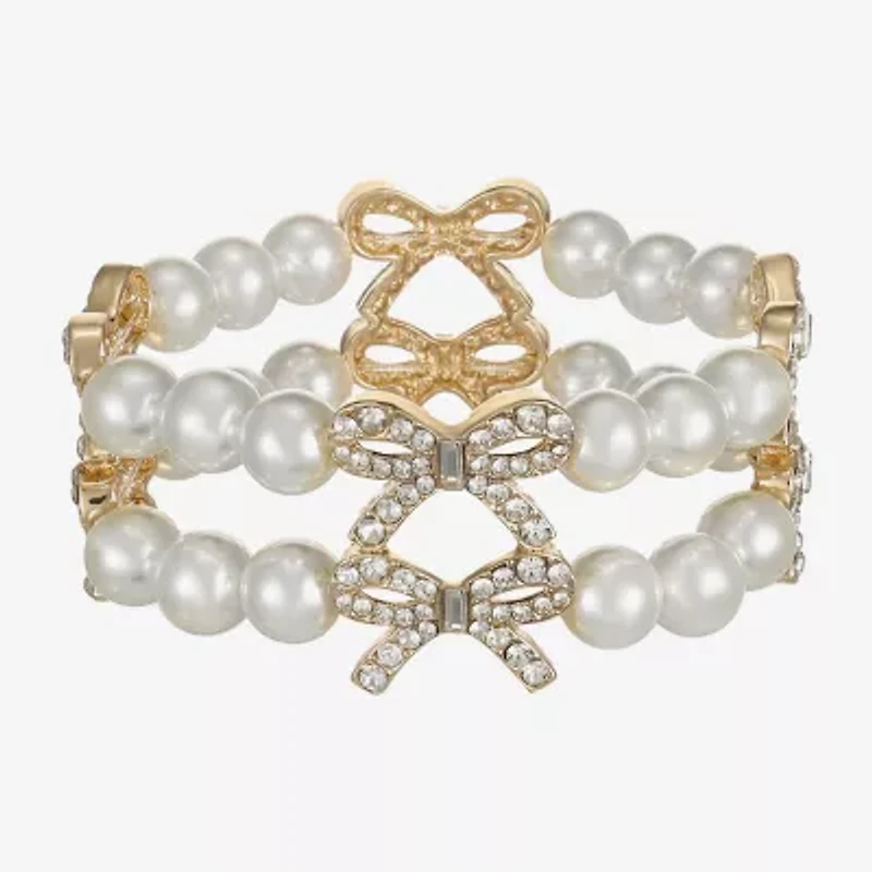 Monet Jewelry Gold Tone Womens Glass Simulated Pearl Bow Stretch Bracelet