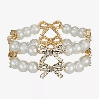 Monet Jewelry Gold Tone Womens Glass Simulated Pearl Bow Stretch Bracelet
