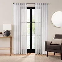 Fieldcrest Luxury Linen Border Stripe Rod Pocket Back Tab Sheer Single Curtain Panel