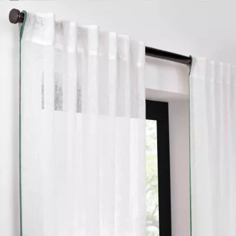 Fieldcrest Luxury Linen Border Stripe Rod Pocket Back Tab Sheer Single Curtain Panel