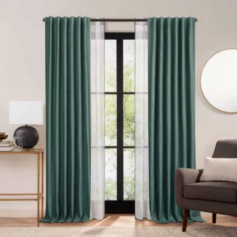 Fieldcrest Luxury Linen Border Stripe Rod Pocket Back Tab Sheer Single Curtain Panel