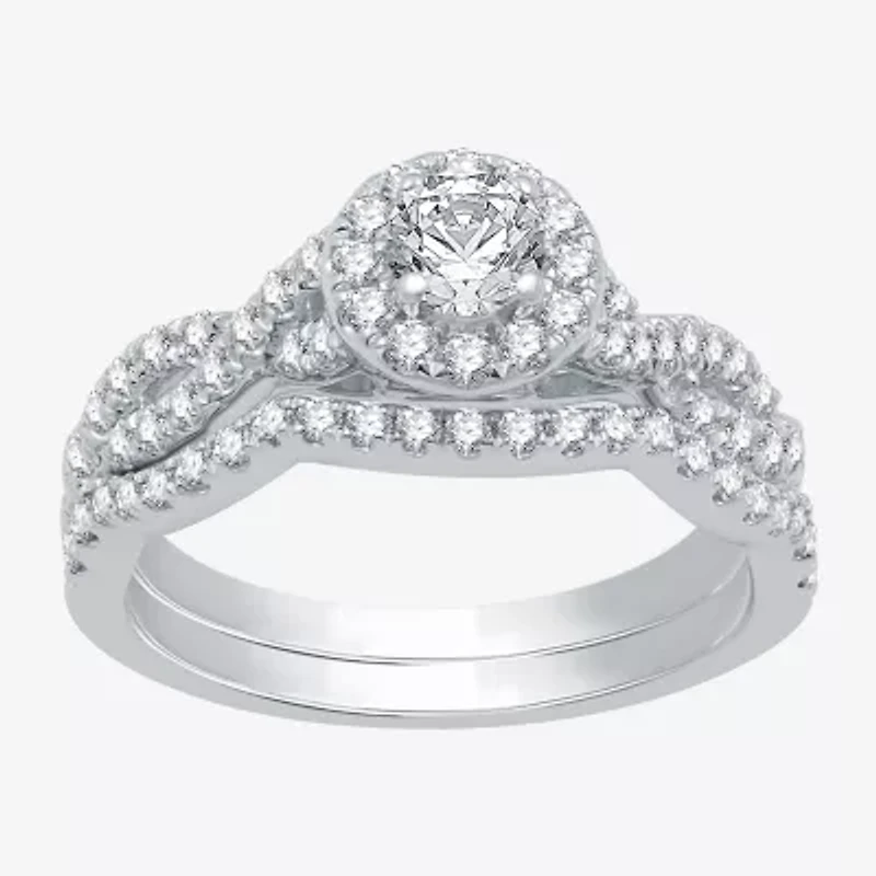 I Said Yes (H-I / I1) Womens 1 CT. T.W. Lab Grown White Diamond Sterling Silver Round Side Stone Halo Bridal Set