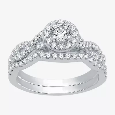 I Said Yes (H-I / I1) Womens 1 CT. T.W. Lab Grown White Diamond Sterling Silver Round Side Stone Halo Bridal Set