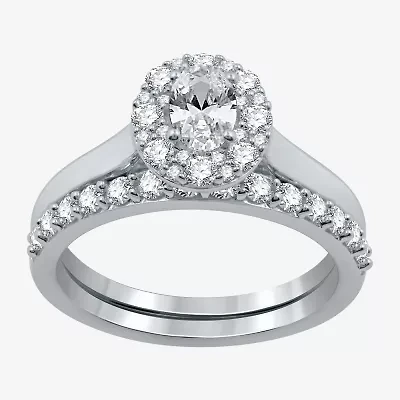 I Said Yes (H-I / I1) Womens 1 CT. T.W. Lab Grown White Diamond Sterling Silver or 14K Gold Over Silver Oval Side Stone Halo Bridal Set