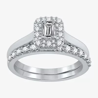 I Said Yes (H-I / I1) Womens 1 CT. T.W. Lab Grown White Diamond Sterling Silver Side Stone Halo Bridal Set