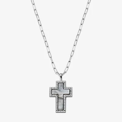 Womens 1 1/8 CT. T.W. White Mother Of Pearl Sterling Silver Cross 17 Inch Pendant Necklace