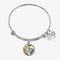 Footnotes Mom Womens Crystal Stainless Steel Heart Bangle Bracelet