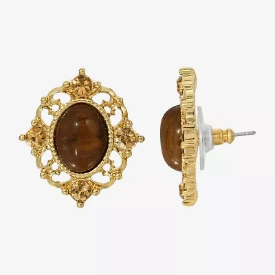 1928 Gold Tone Brown Crystal 1 Inch Stud Earrings