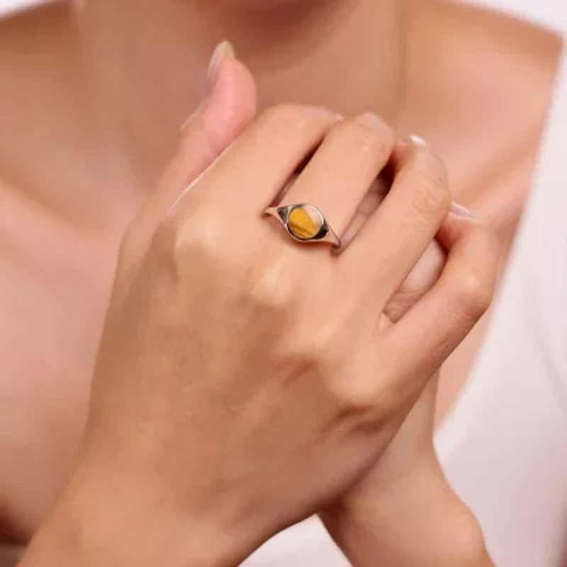 Womens Genuine Brown Tiger's Eye Sterling Silver Round Cocktail Ring