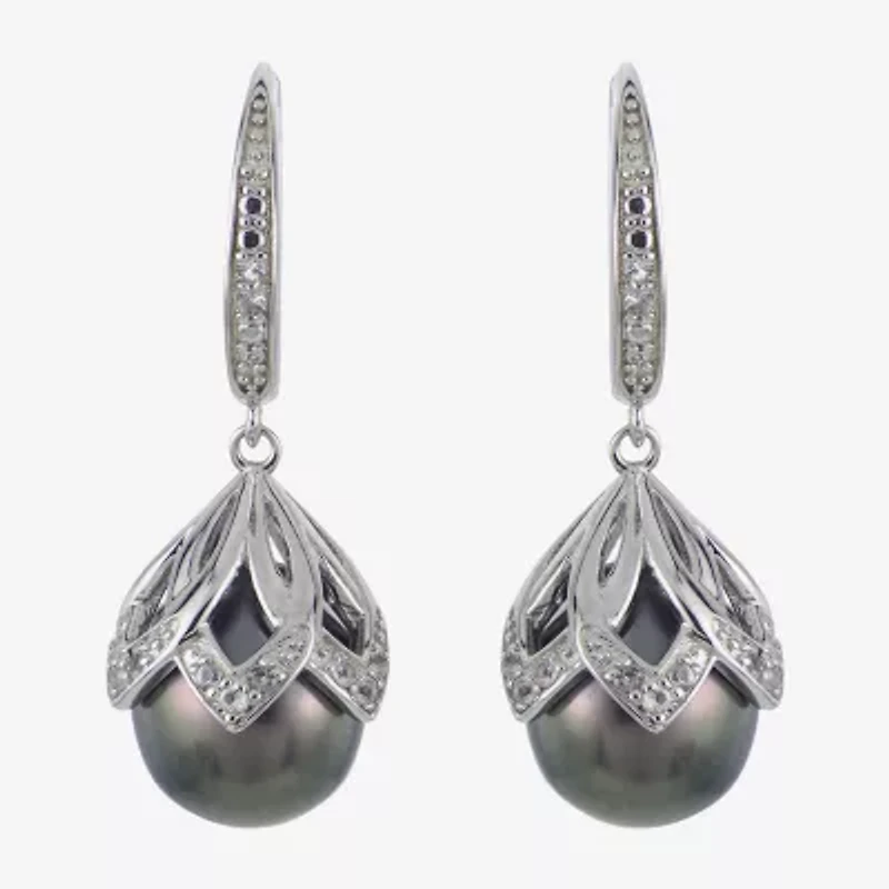 Womens Gray Cultured Tahitian Pearl Sterling Silver Drop Earrings