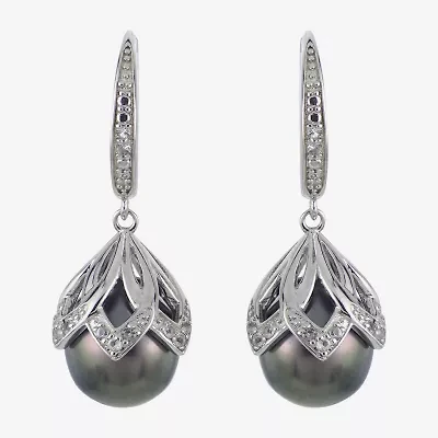 Womens Gray Cultured Tahitian Pearl Sterling Silver Drop Earrings