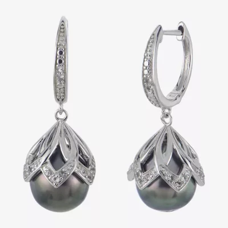Womens Gray Cultured Tahitian Pearl Sterling Silver Drop Earrings