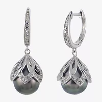 Womens Gray Cultured Tahitian Pearl Sterling Silver Drop Earrings