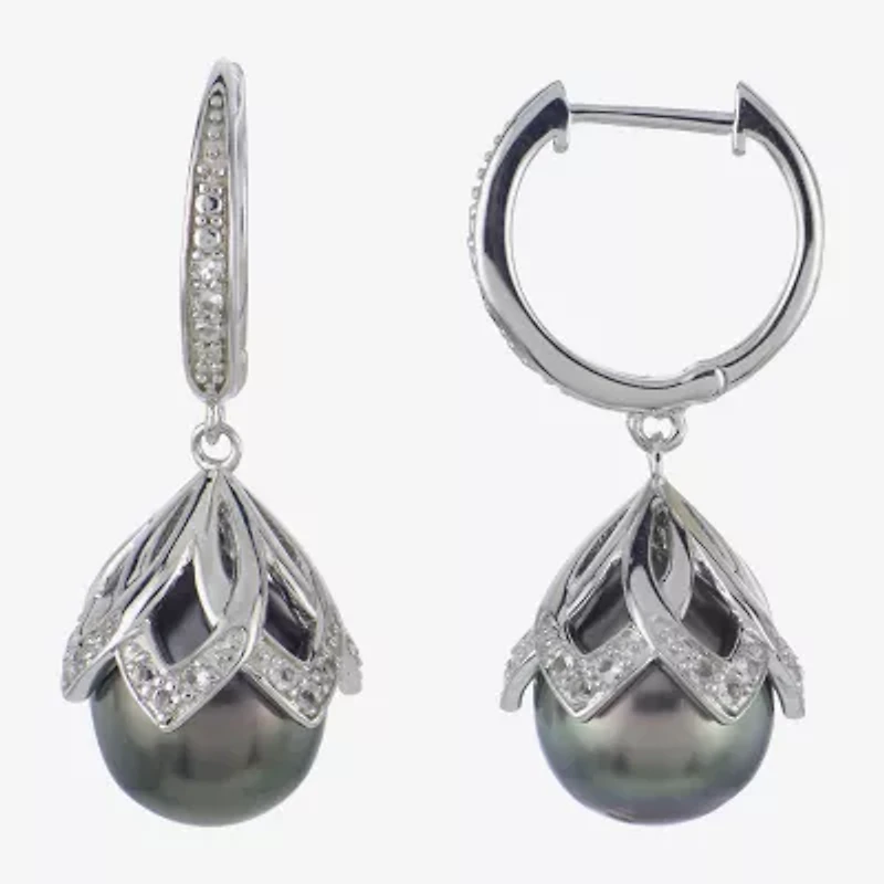 Womens Gray Cultured Tahitian Pearl Sterling Silver Drop Earrings