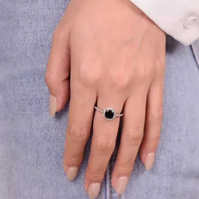 Womens Genuine Black Onyx Sterling Silver Halo Cocktail Ring