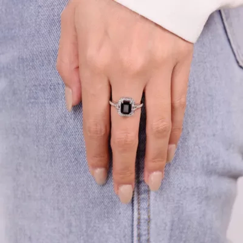 Womens Genuine Black Onyx Sterling Silver Halo Cocktail Ring
