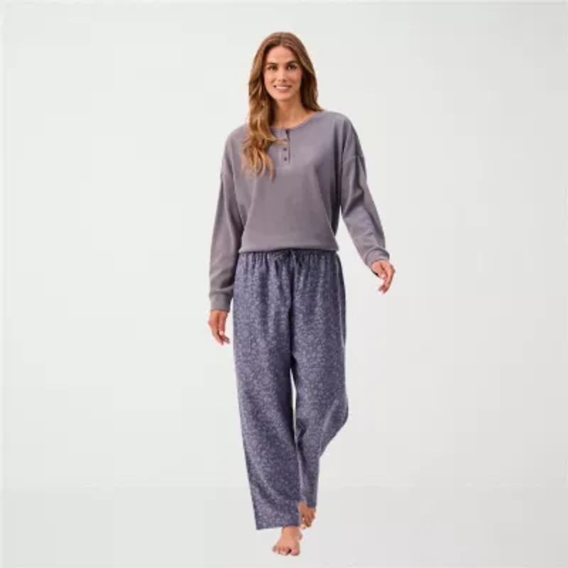 Martha Stewart Womens Waffle Henley Neck Long Sleeve 2-pc. Average Figure Pajama Top
