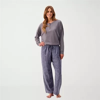 Martha Stewart Womens Waffle Henley Neck Long Sleeve 2-pc. Average Figure Pajama Top