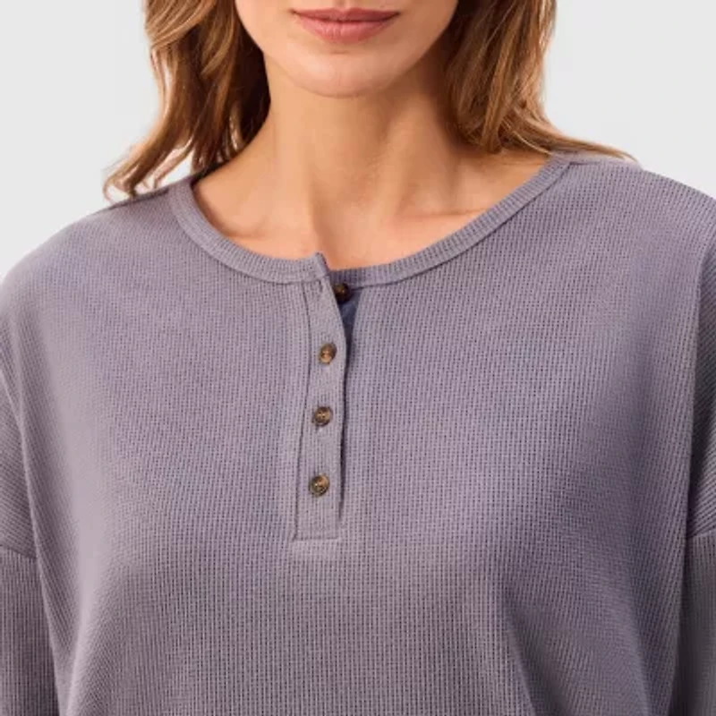 Martha Stewart Womens Waffle Henley Neck Long Sleeve 2-pc. Average Figure Pajama Top