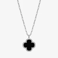 Womens 1 3/4 CT. T.W. Black Agate Sterling Silver Clover Paperclip 17 Inch Pendant Necklace