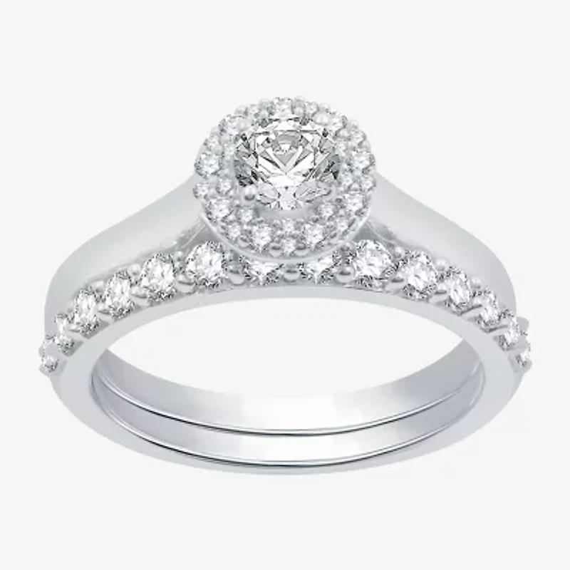 I Said Yes (H-I / I1) Womens 1 CT. T.W. Lab Grown White Diamond Sterling Silver Round Side Stone Halo Bridal Set